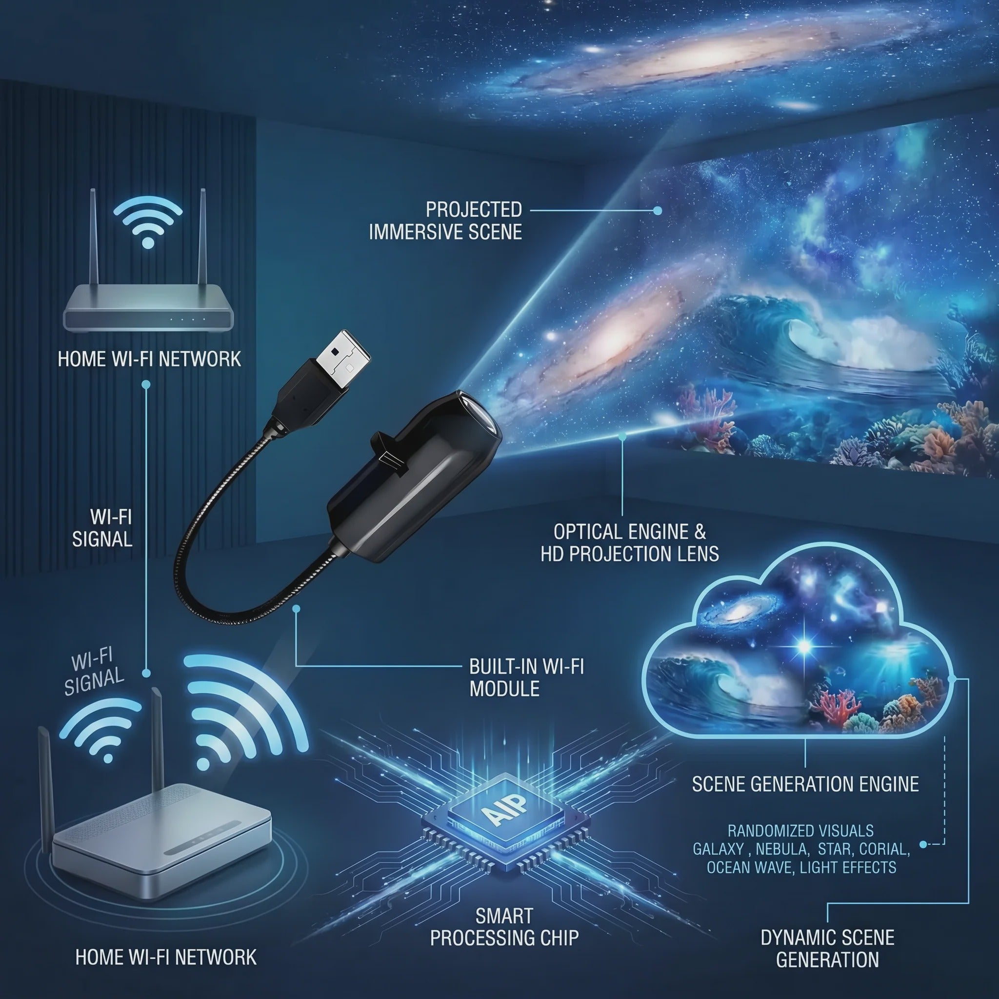 🌌🌠HD Smart Dynamic 5D Holographic Night Light Projector