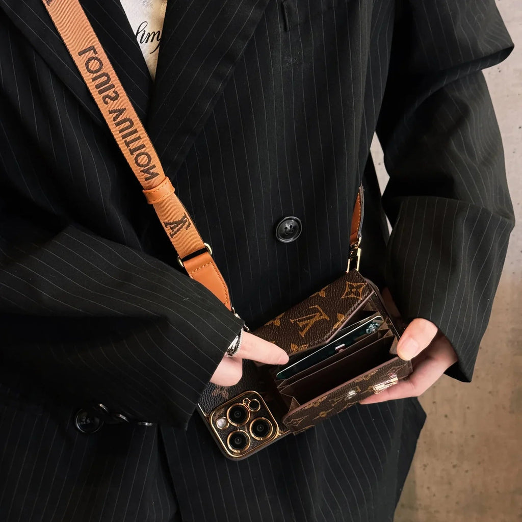 Monogram iPhone Case With Wallet And Strap Brown Big Printing